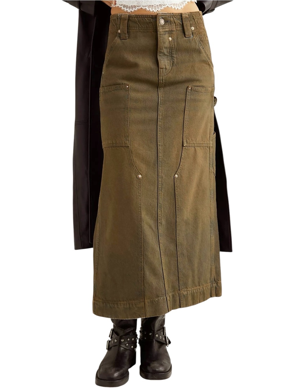 Free People We The Free Harmonica Coated Denim Carpenter Utility Skirt NWOT